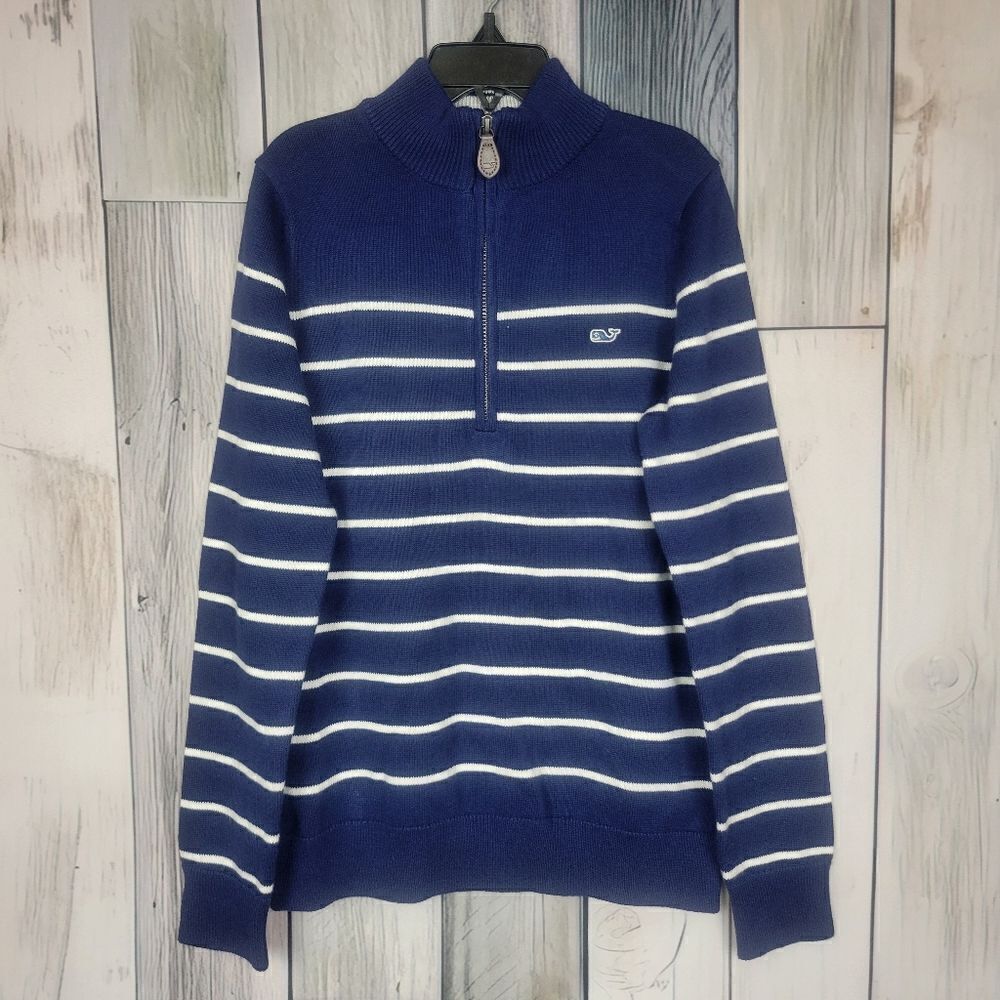Vineyard Vines Blue White Striped 1/4 Zip Pullover Sweater Size Small
